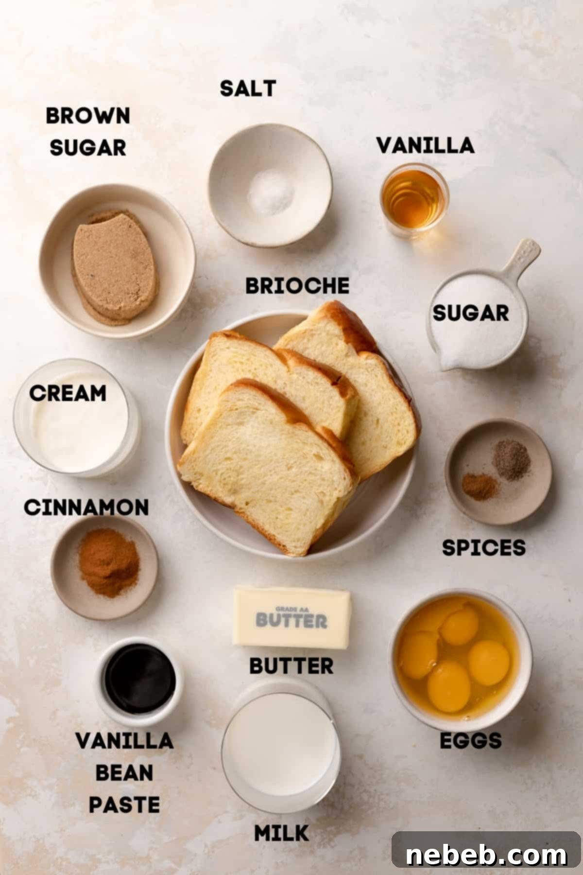 Bowls of ingredients for brioche french toast casserole including sliced brioche, brown sugar and spices, milk and cream, and eggs.