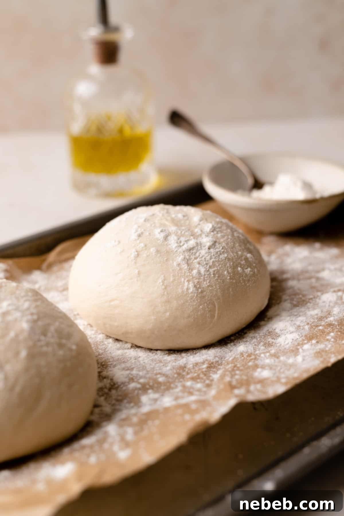 Perfectly Soft and Chewy Homemade Pizza Dough 2 Two balls of homemade pizza dough on a baking tray dusted with flour, ready for shaping.