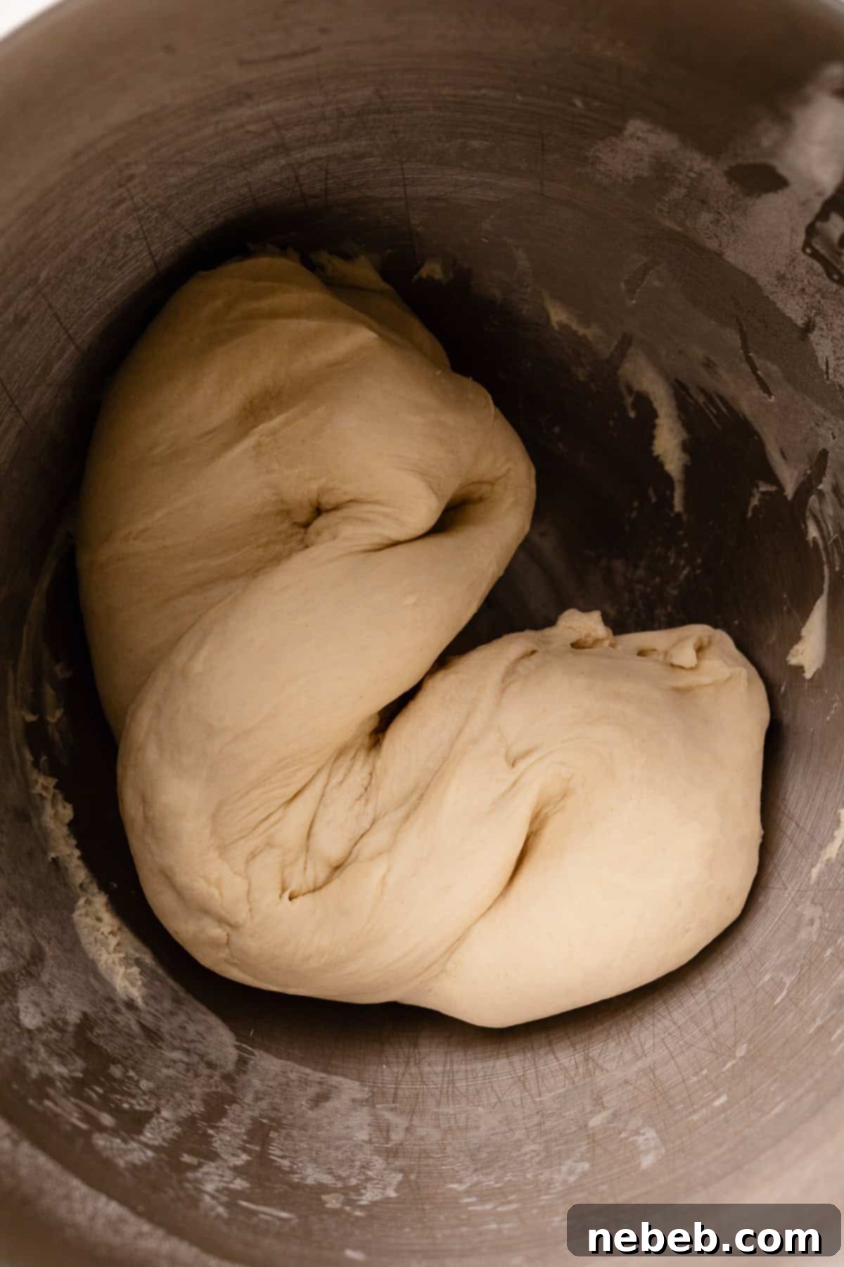 Perfectly Soft and Chewy Homemade Pizza Dough 5 Kneaded pizza dough in a metal bowl, ready for its rise.