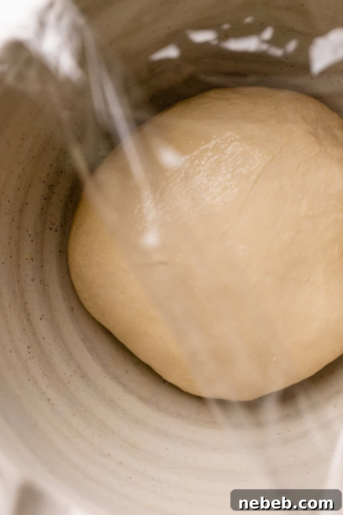 Perfectly Soft and Chewy Homemade Pizza Dough 6 Pizza dough ball resting in a bowl covered with plastic wrap, about to rise.
