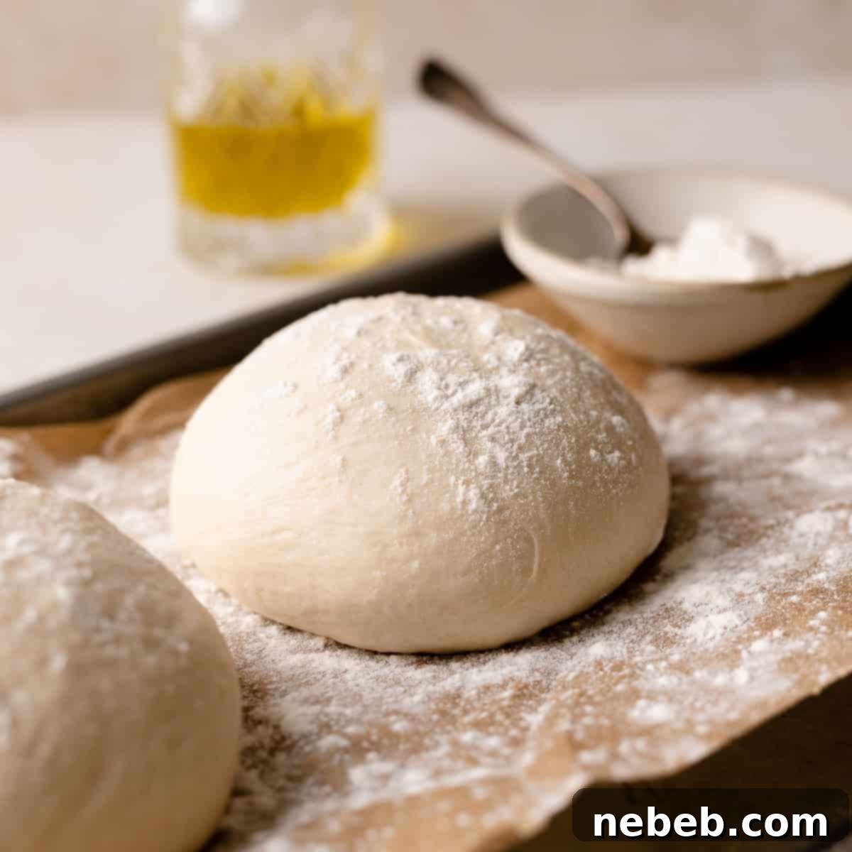 Perfectly Soft and Chewy Homemade Pizza Dough 9 chewy pizza dough ball on parchment paper dusted with flour.