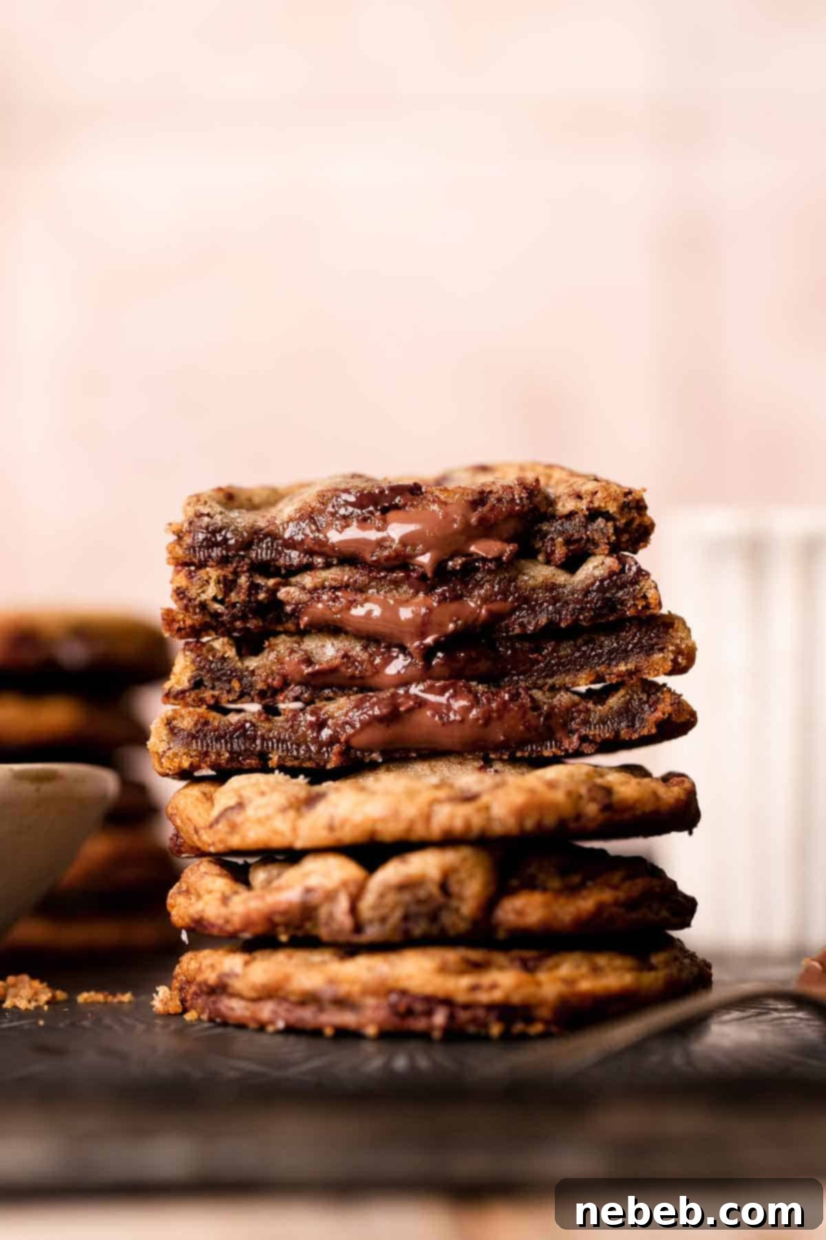 A stack of warm, freshly baked chocolate chip cookies with melted chocolate hazelnut filling oozing out, showcasing their gooey centers.