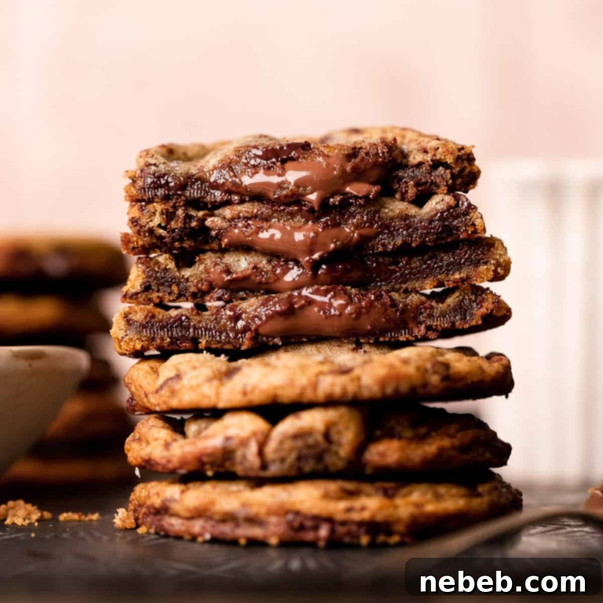 a stack of chocolate filled cookies with nutella oozing out.