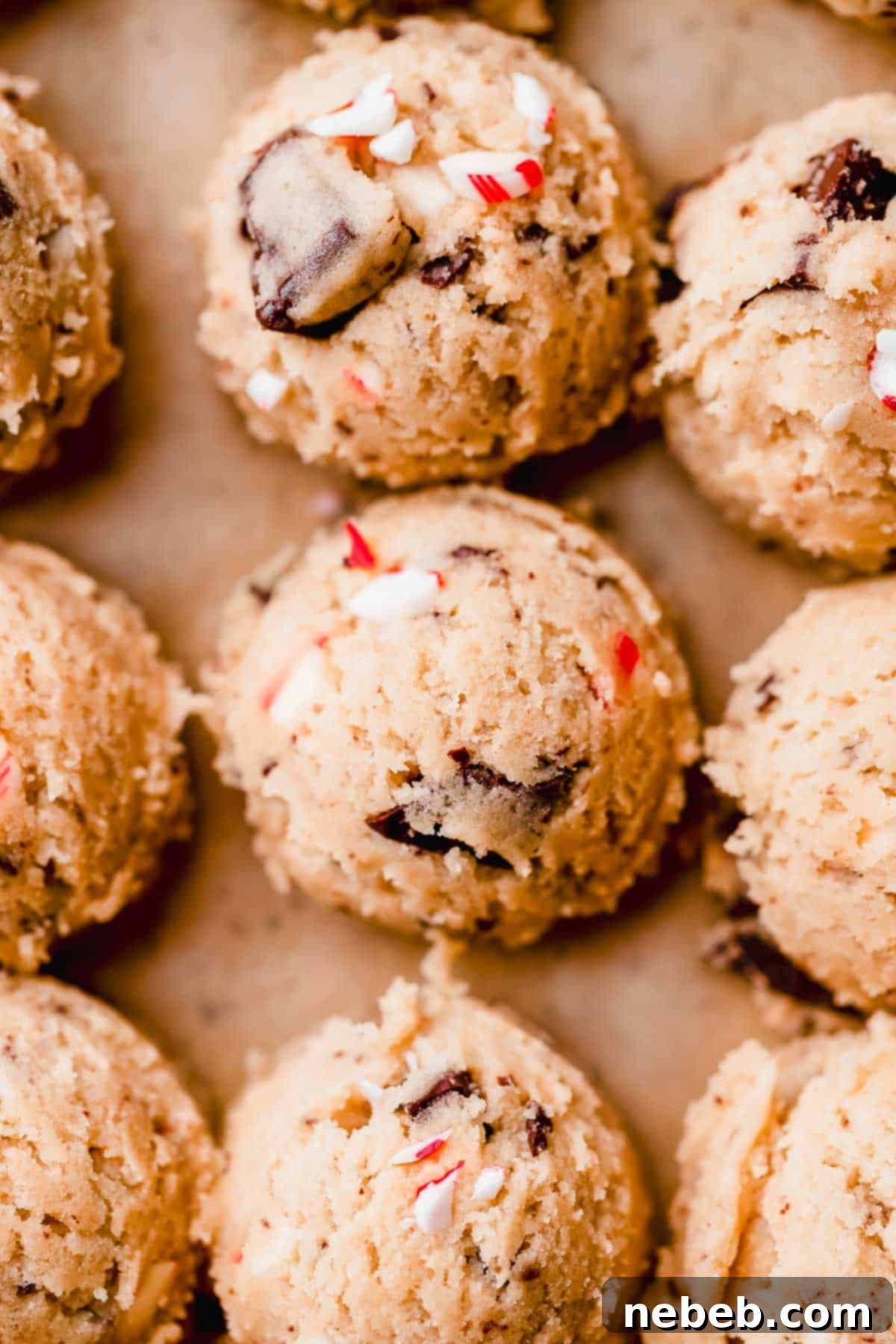 Close up shot of scooped chocolate peppermint cookie dough balls on a baking tray, ready for chilling and baking.