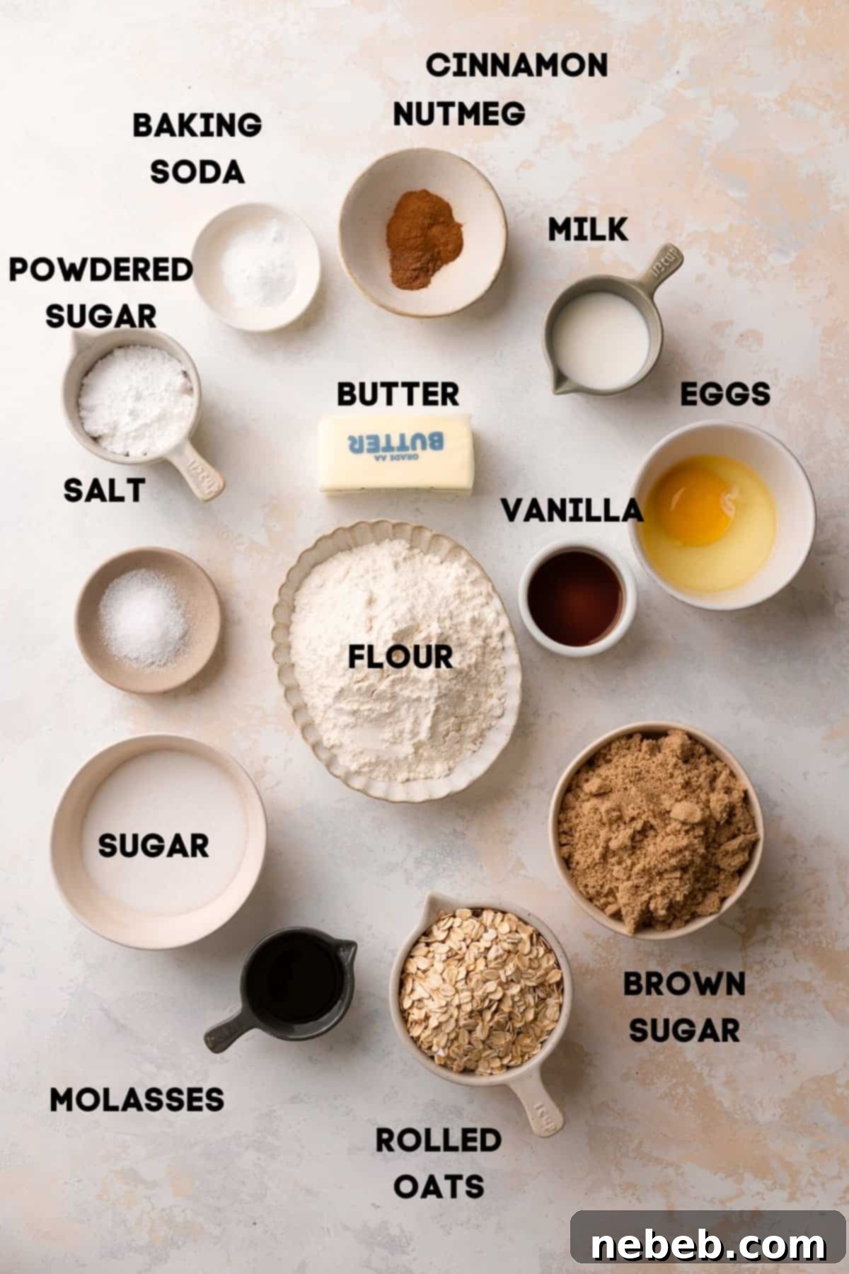 Bowls of perfectly measured ingredients for making delicious oatmeal glazed cookies, with clear labels for all components.