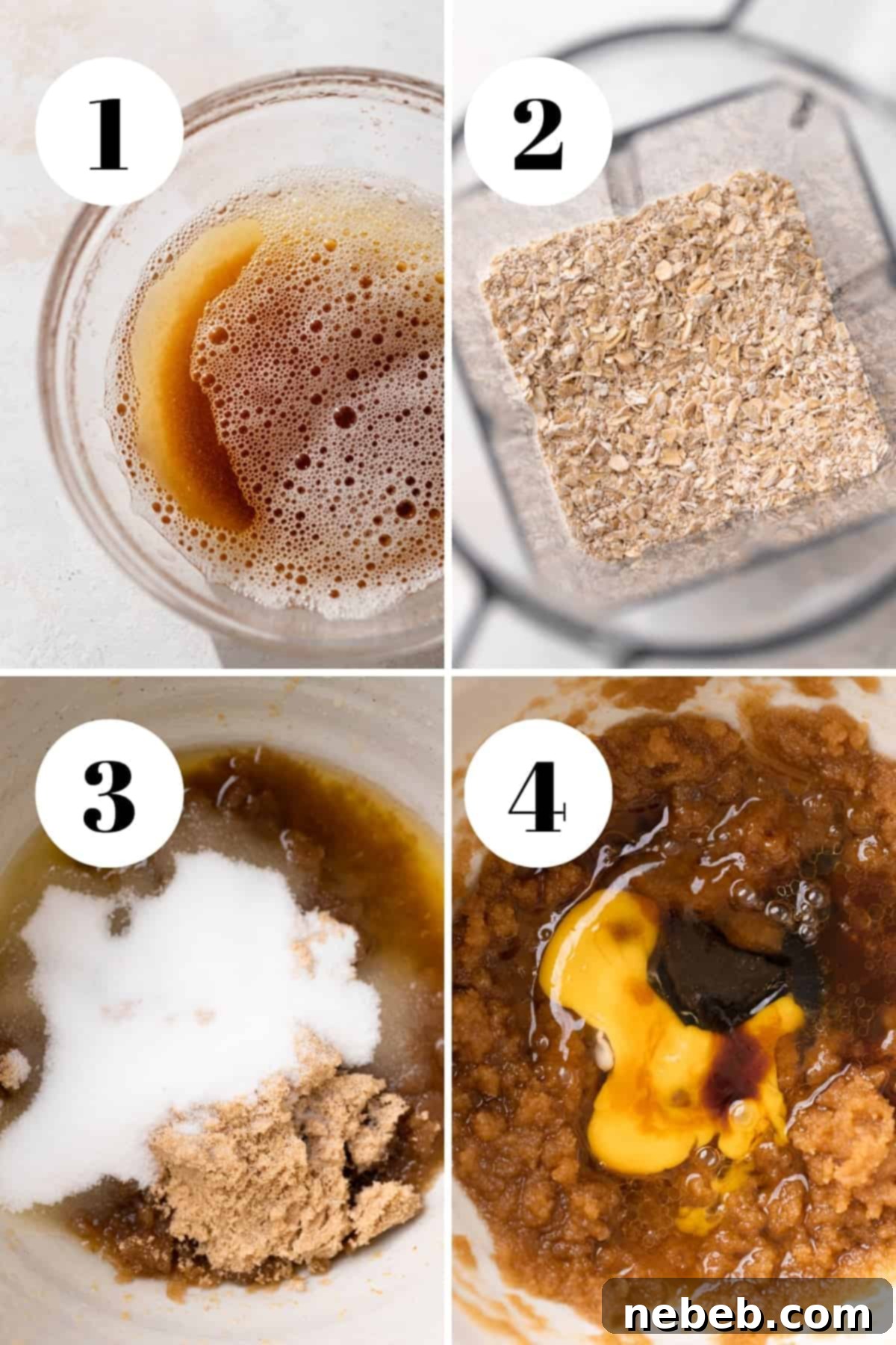 A process collage illustrating the initial steps for making delicious oatmeal cookies, from browning butter to mixing wet ingredients for the dough.