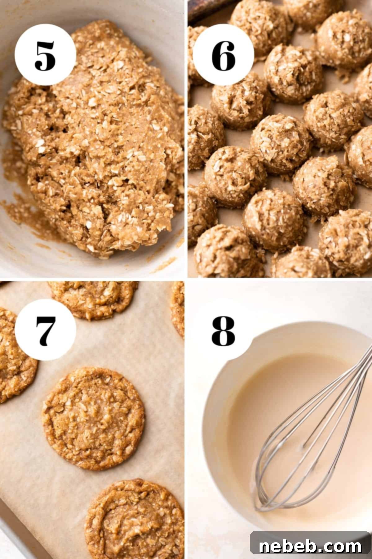A process collage showing the final steps for preparing soft oatmeal cookie dough, including folding in dry ingredients and the essential chilling process.