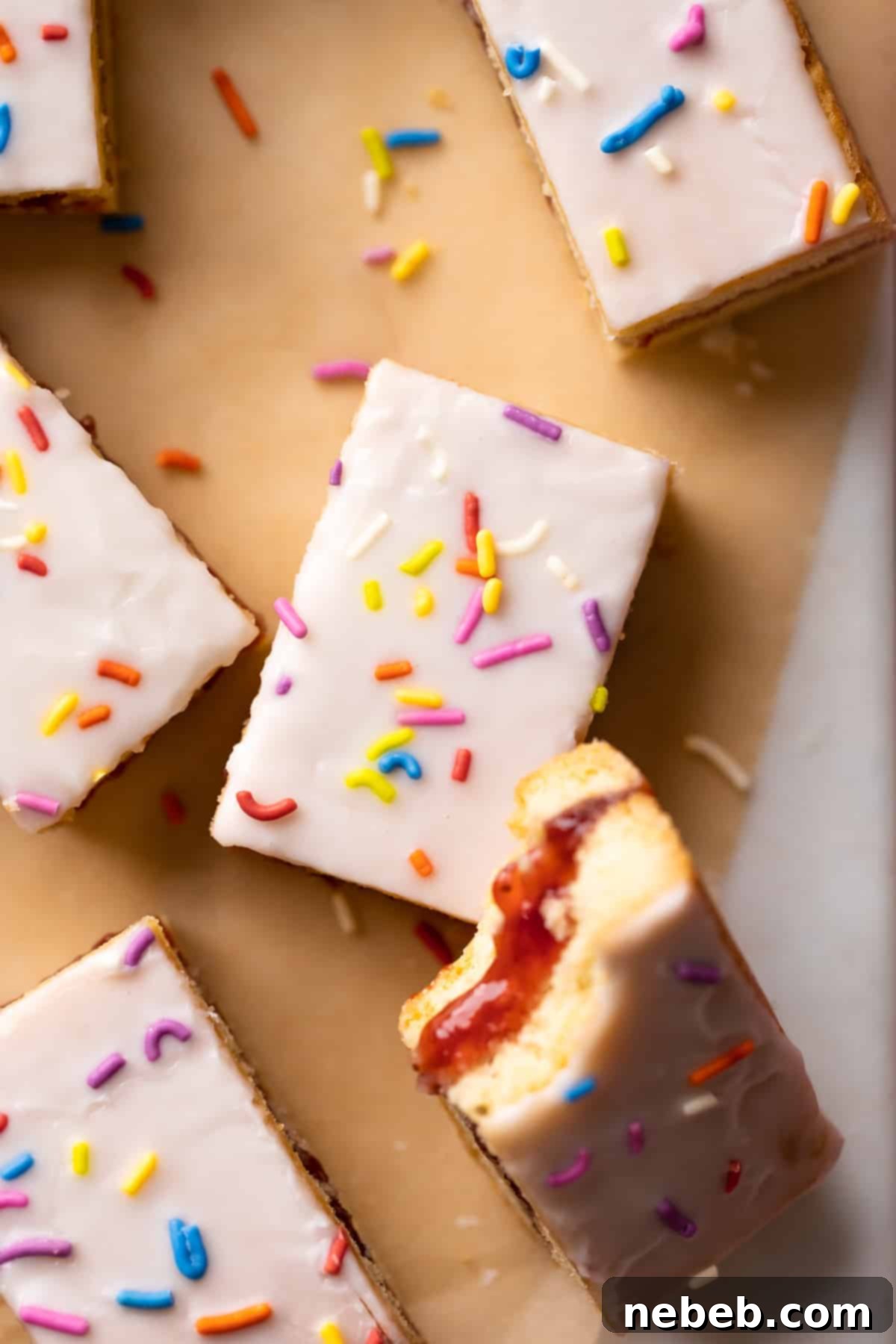 Pop-Tart Magic Cookie Bars 2 Beautifully cut Pop-Tart cookie bars with a smooth vanilla glaze and colorful rainbow sprinkles, showcasing the strawberry filling between two layers of sugar cookie.