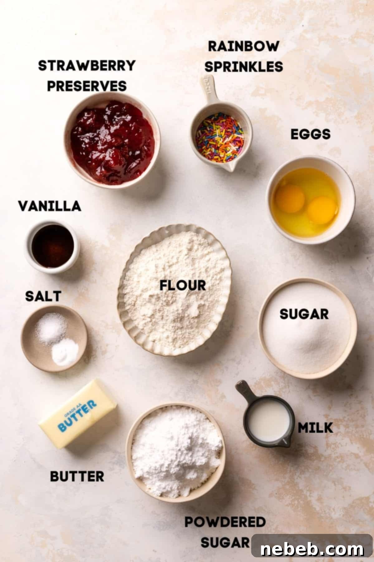 Pop-Tart Magic Cookie Bars 3 A flat lay of all the essential ingredients needed to make homemade sugar cookie bars, including butter sticks, granulated sugar, eggs, vanilla extract, flour, salt, baking soda, and a jar of strawberry preserves.