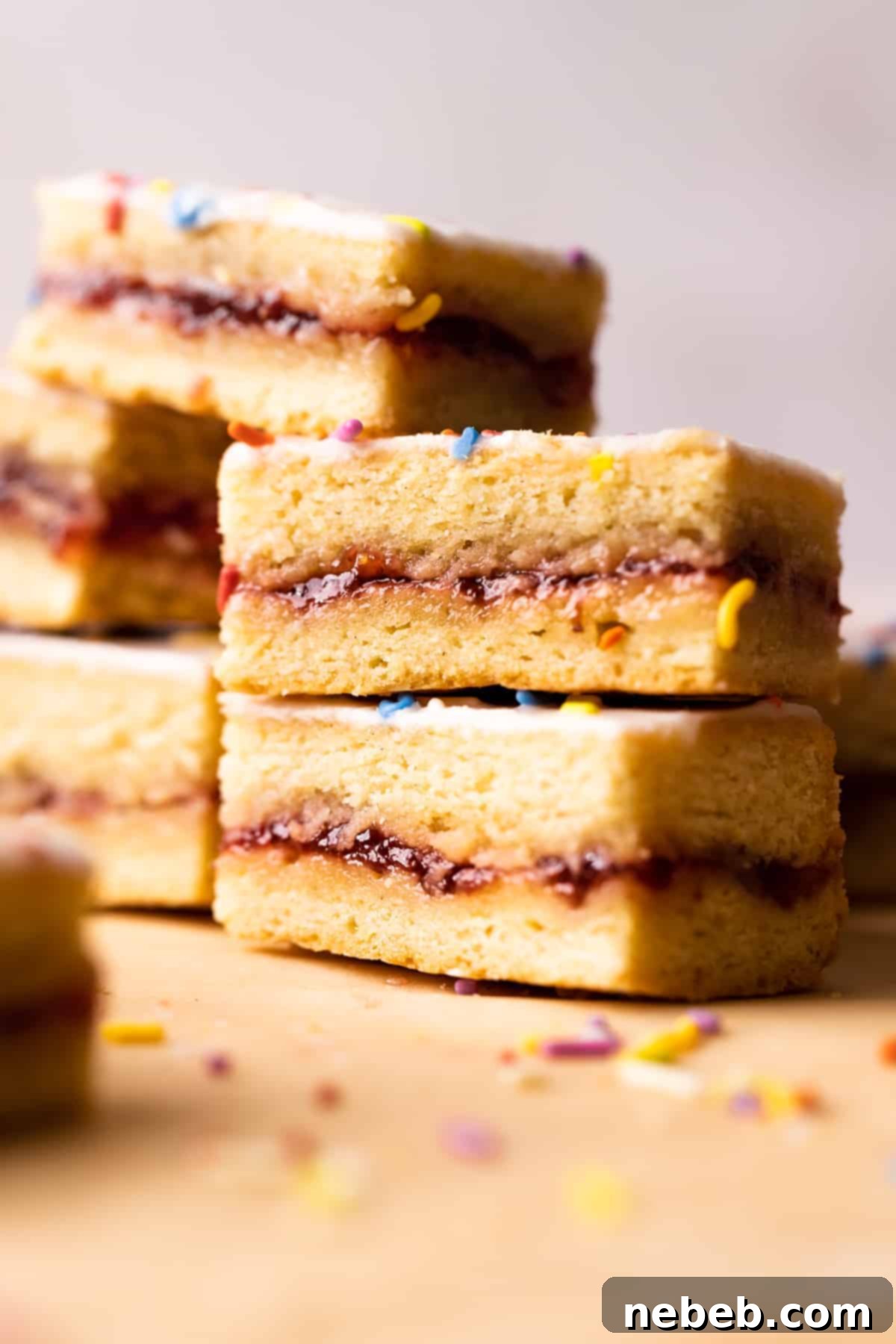 Pop-Tart Magic Cookie Bars 7 Two freshly baked Pop-Tart cookie bars, perfectly glazed and sprinkled, stacked neatly on top of each other, showcasing their inviting golden-brown layers and fruity filling.