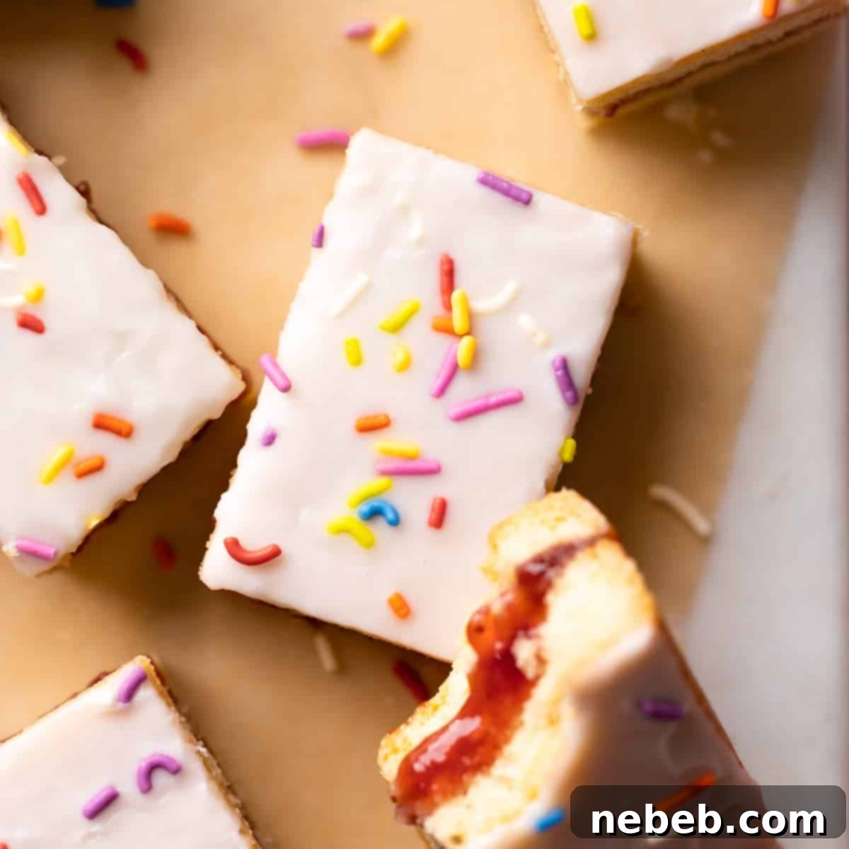 Pop-Tart Magic Cookie Bars 8 Pop-Tart cookie bars with vanilla glaze and rainbow sprinkles.