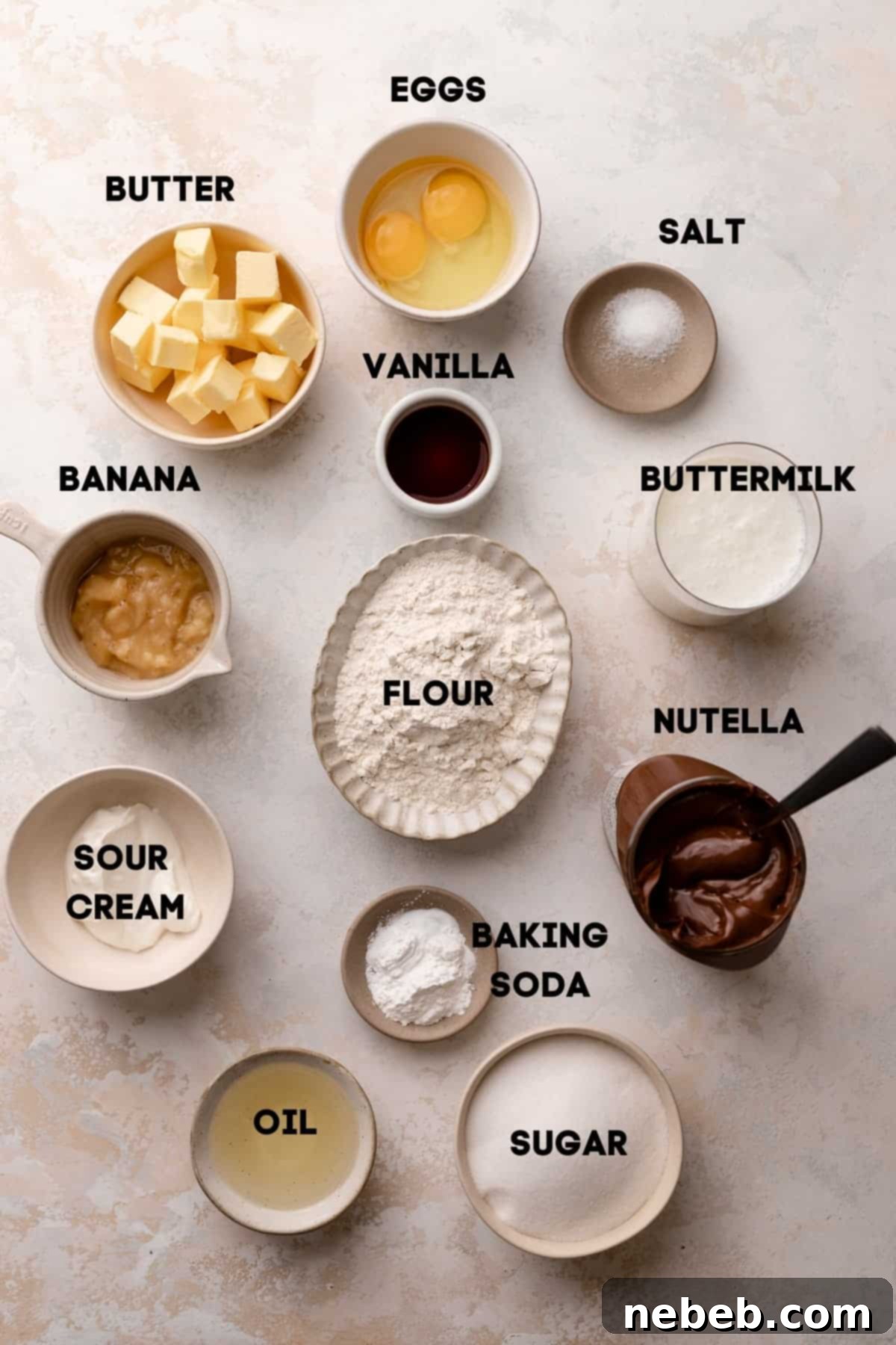 Nutella Swirl Banana Muffins 3 ingredients needed to make banana nutella muffins.