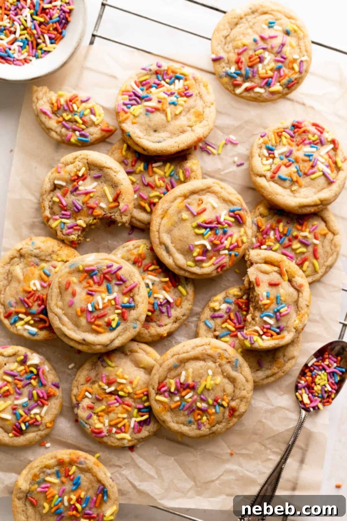 birthday cake cookies covered in rainbow sprinkles on brown parchment paper.