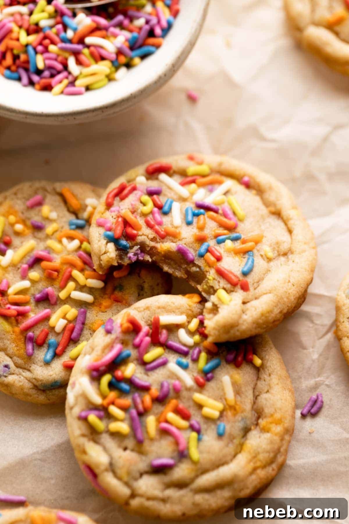 funfetti cookie covered in rainbow sprinkles with a bite taken out of it.