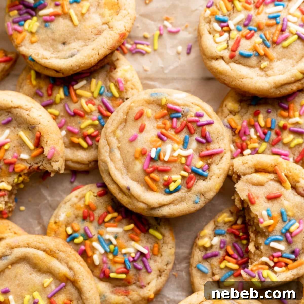 birthday cake cookies covered in rainbow sprinkles on brown parchment paper.