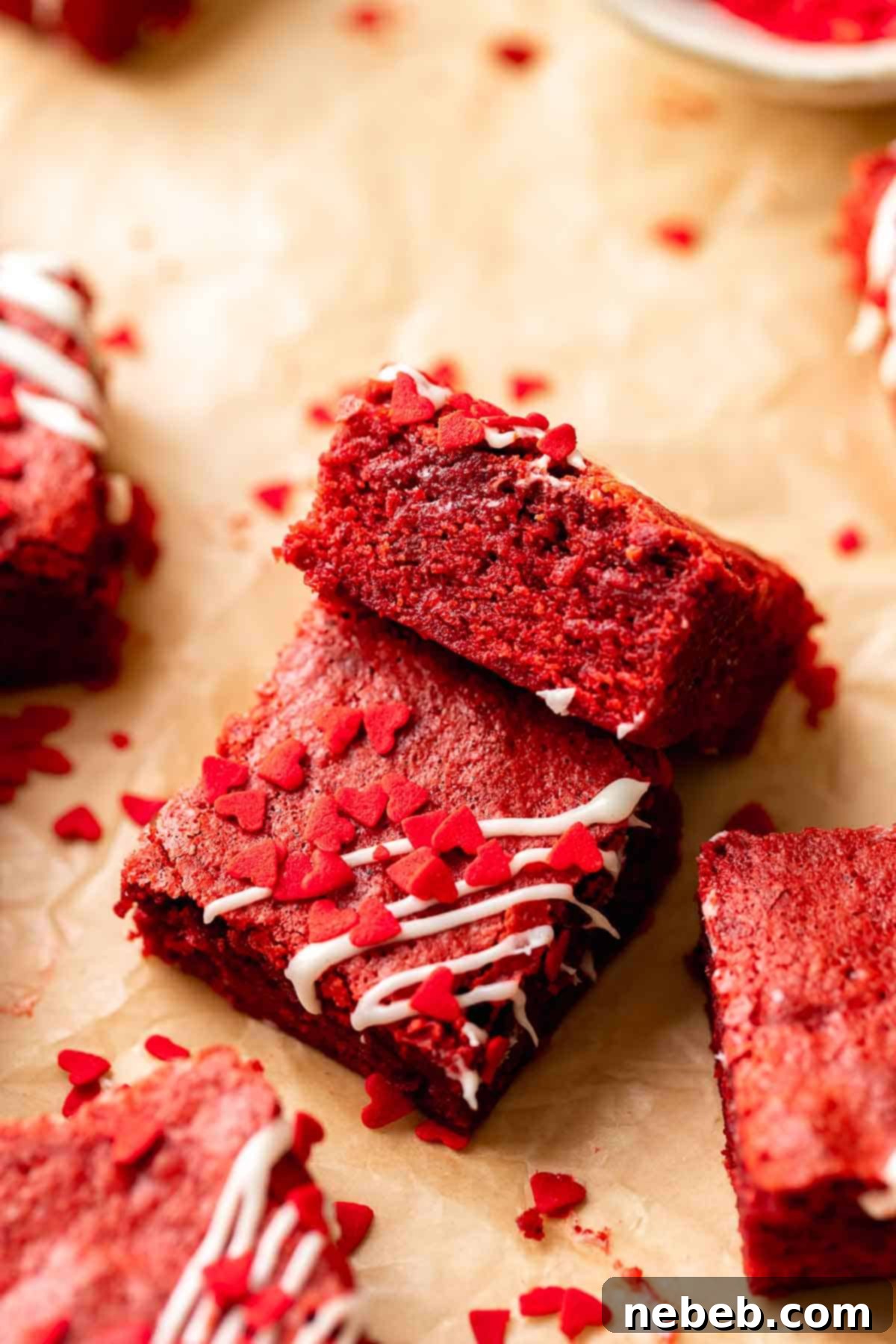 Red velvet cake brownies on brown parchment paper with cream cheese icing and red heart sprinkles.