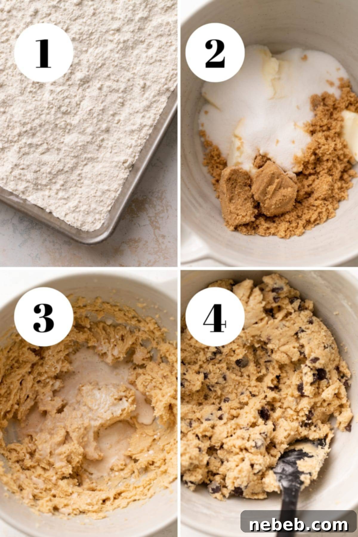 Golden Crunch Cookie Dough Bars 4 a process collage of the steps for making edible chocolate chip cookie dough, showing flour, butter, sugar, and mixing steps.