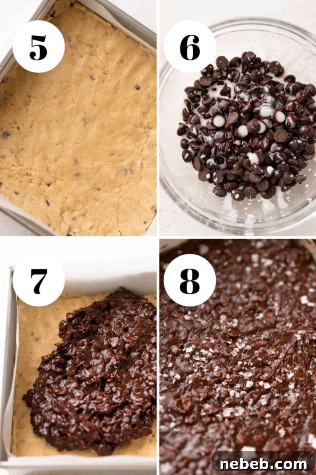 Golden Crunch Cookie Dough Bars 5 a process collage of the steps for making edible cookie dough bars, showing cookie dough pressed into pan, chocolate ganache, and final spread.