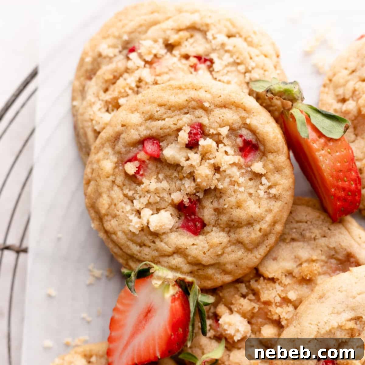 A close-up stack of several homemade Strawberry Shortcake Cookies, showing off their soft texture and pieces of strawberry.