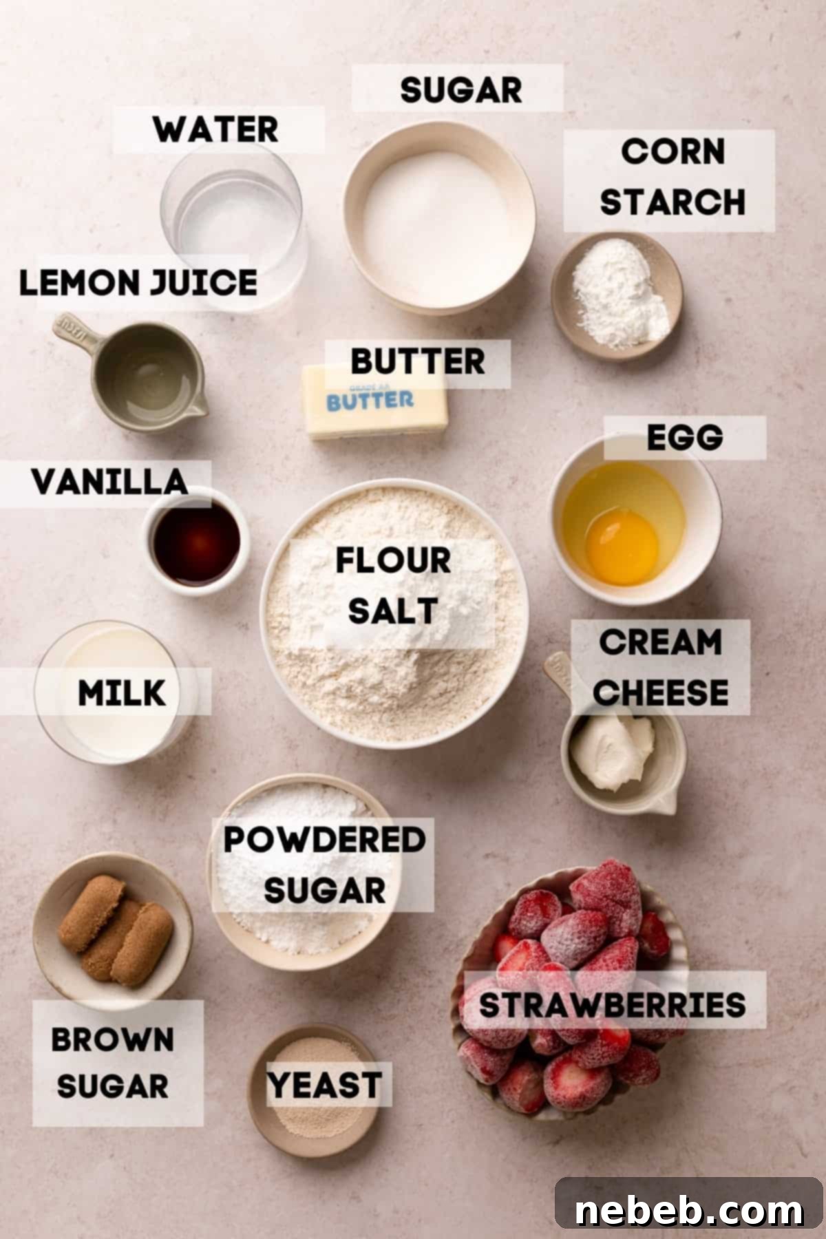 ingredients needed to make strawberry cinnamon rolls, including fresh strawberries, flour, milk, butter, and yeast.