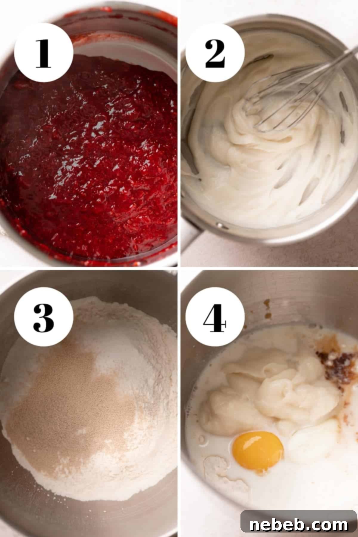 a process collage showing steps for making cinnamon rolls: making tangzhong, combining dry ingredients, adding wet ingredients, and kneading the dough.