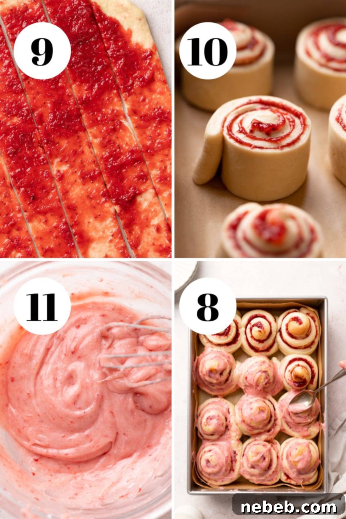 a process collage showing steps for baking cinnamon rolls: rolls rising in the pan, baked rolls, and glazed rolls.