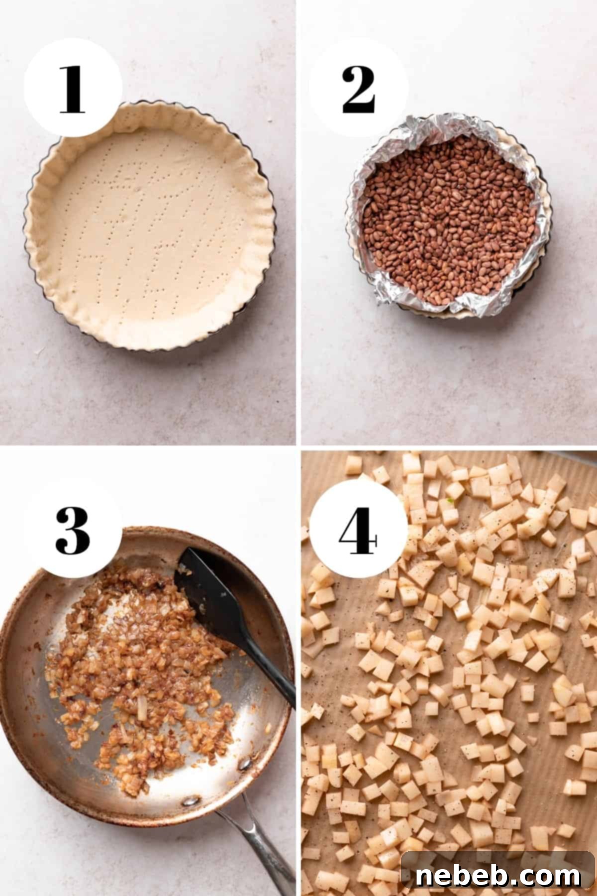 Flaky Deep Dish Quiche 4 A process collage showing steps for preparing the puff pastry crust for quiche.