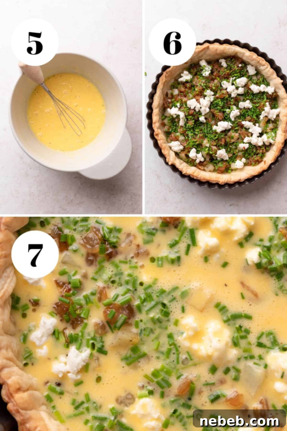 Flaky Deep Dish Quiche 5 A process collage showing steps for preparing the quiche filling and assembly.