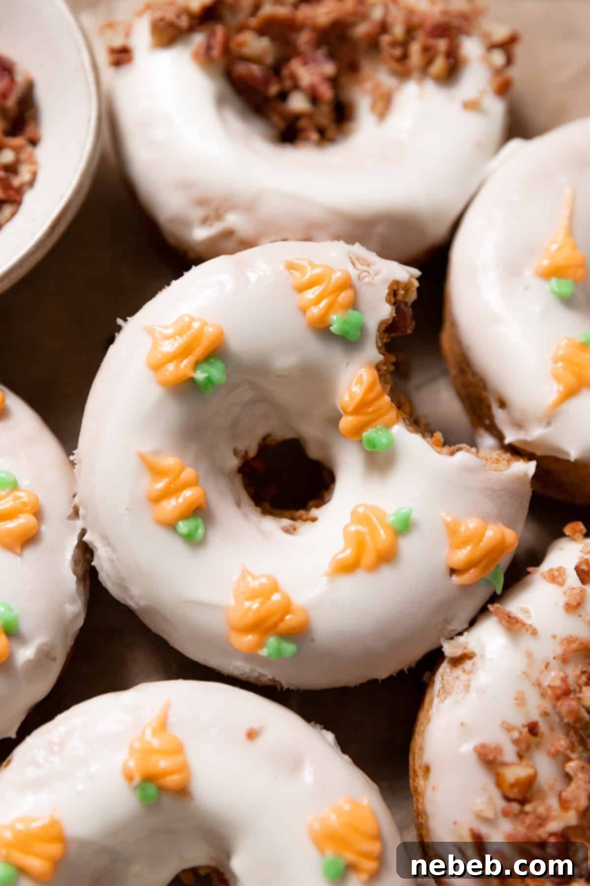 Two baked carrot cake donuts with cream cheese icing and candied pecans on a white plate, ready to be enjoyed.