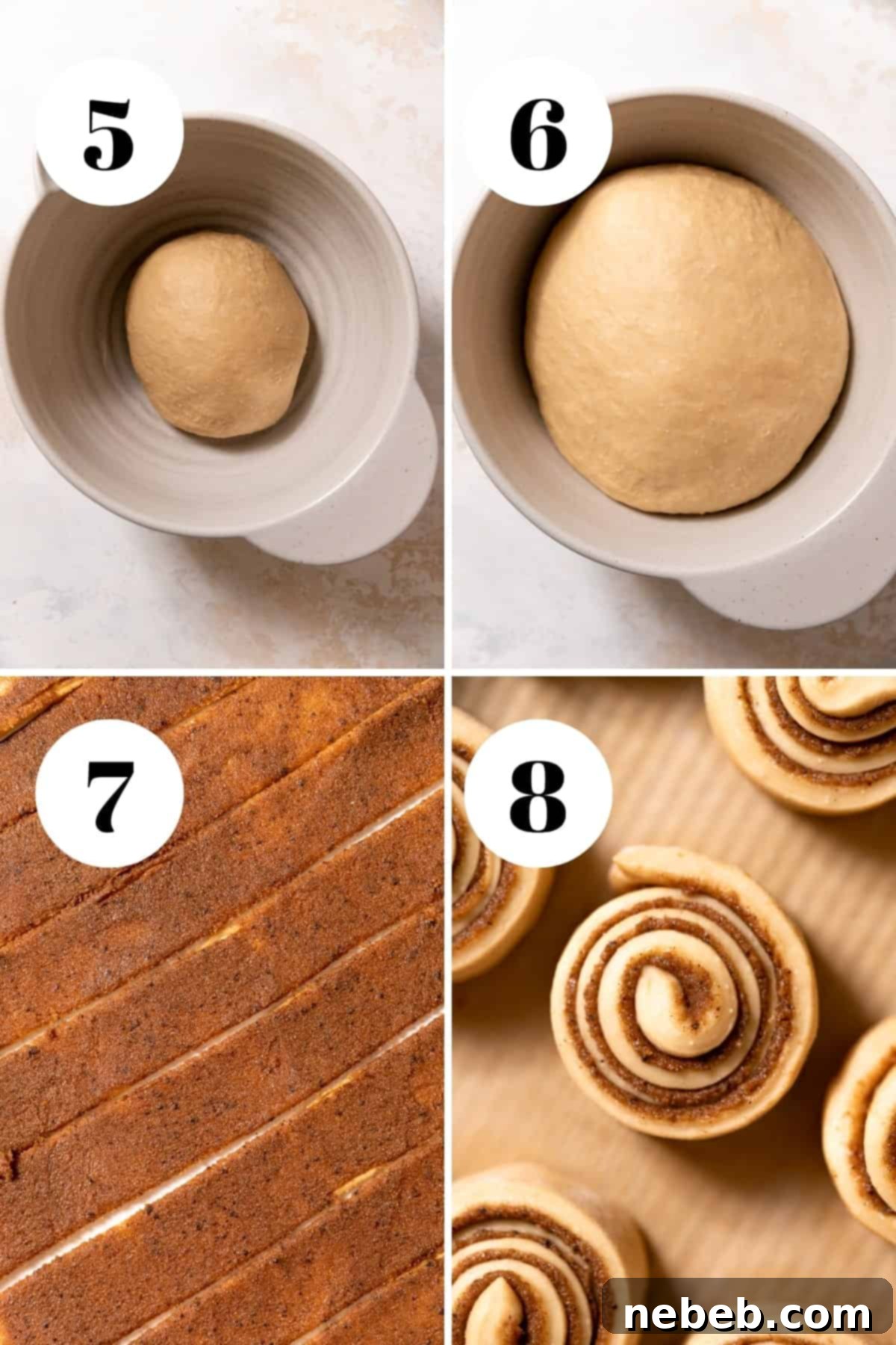 a process collage of the steps for rolling and filling cinnamon rolls.