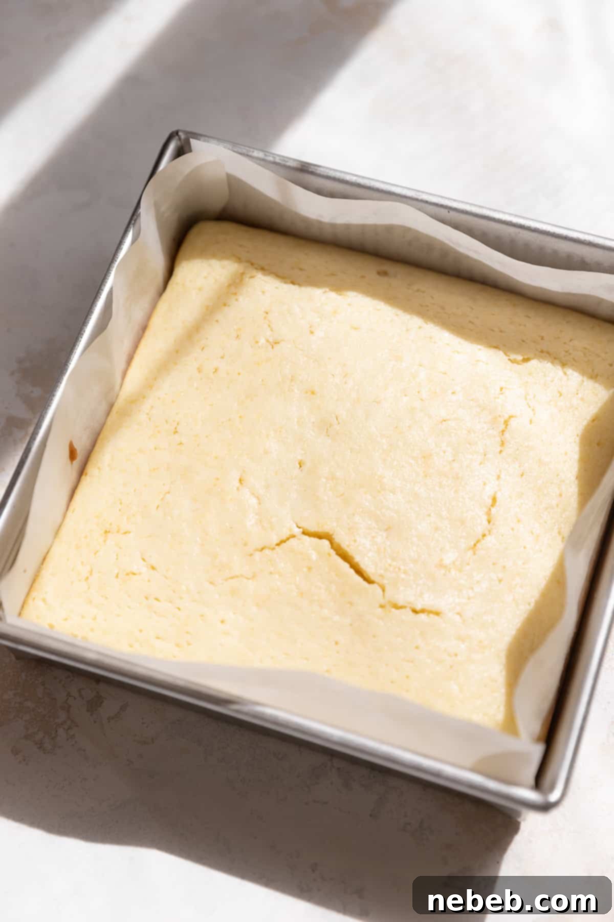 the baked lemon cake in a baking pan.