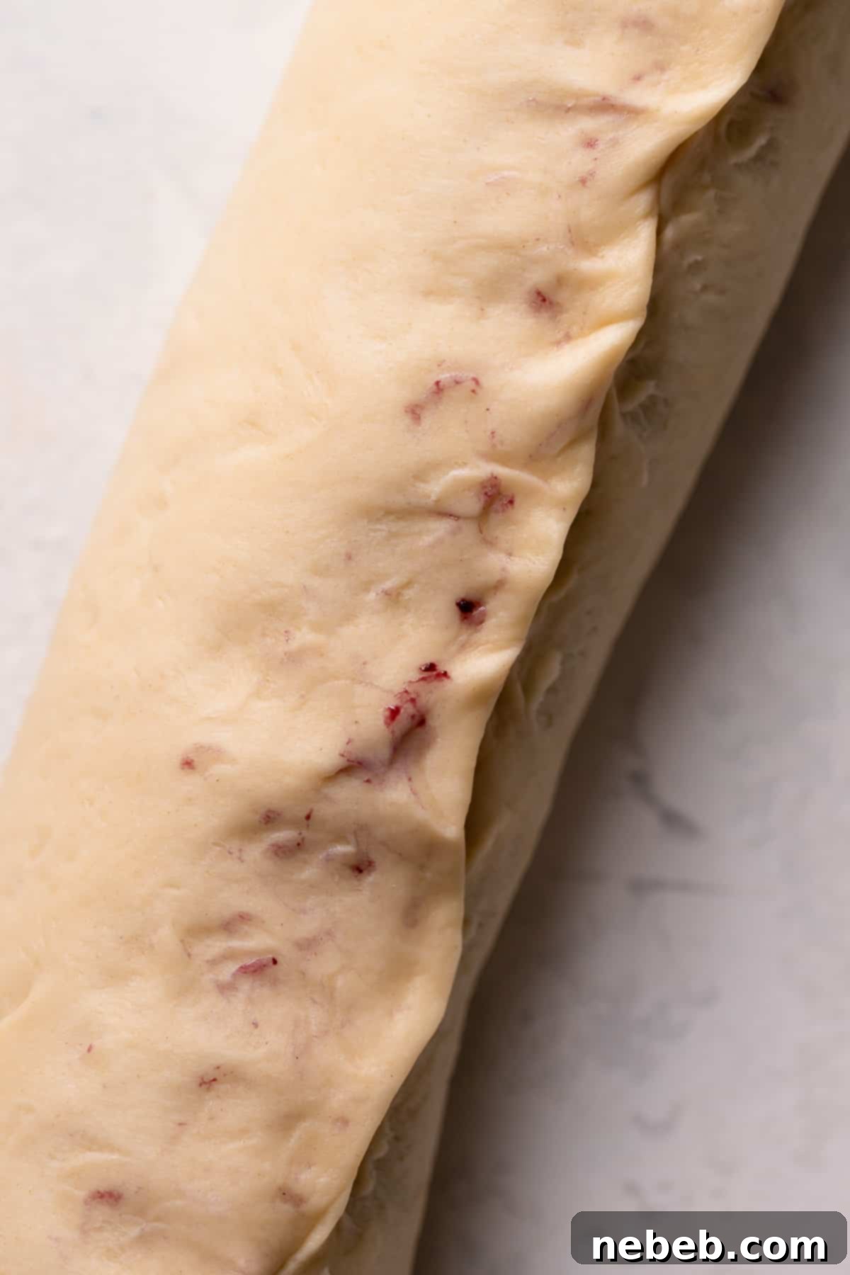 Cinnamon roll dough rolled tightly into a log with filling, sealed at the seam.