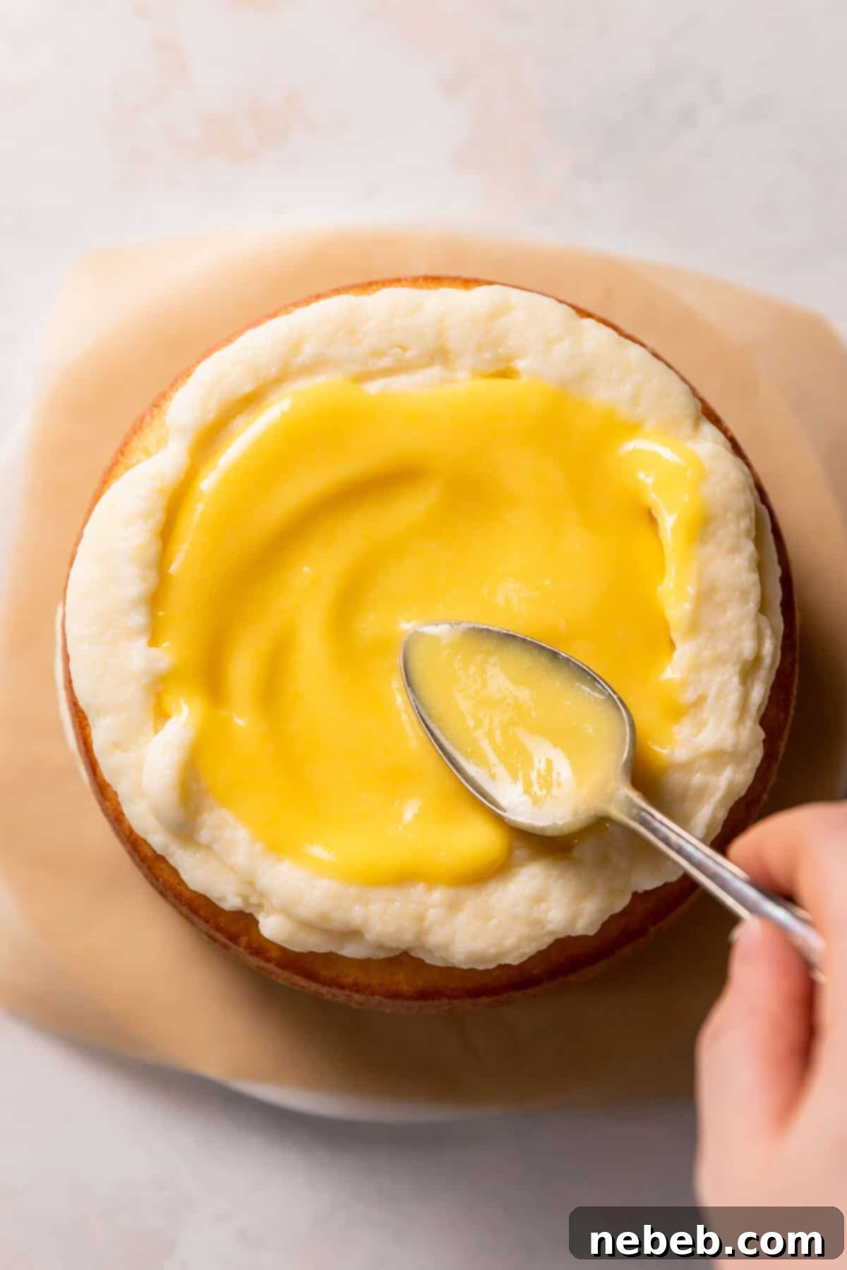 A hand carefully spooning a generous amount of lemon curd onto a cake layer that has a buttercream border, ready for the next layer.