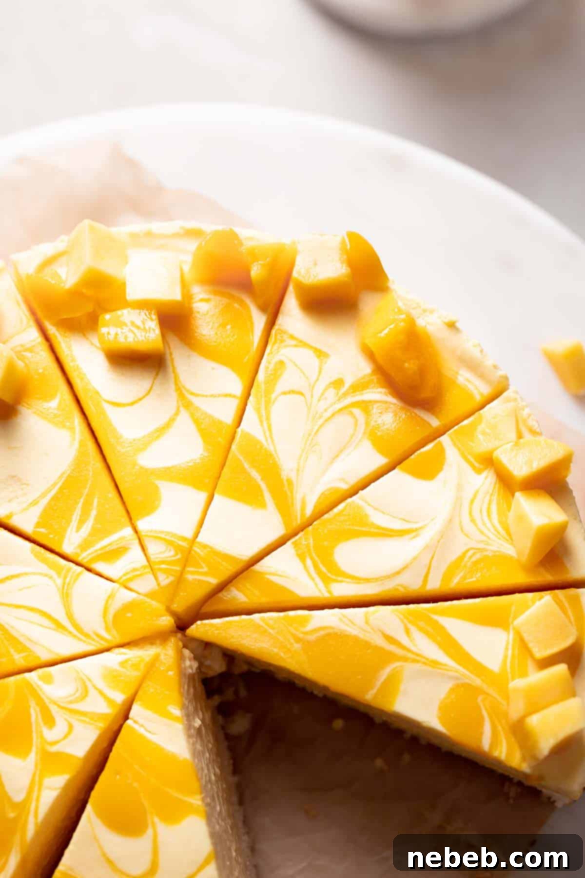 A beautifully decorated mango mousse cake with swirled mango puree on top, ready to be sliced.