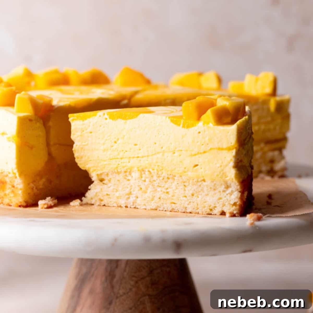 A whole mango mousse cake on a white marble cake stand, ready for serving.