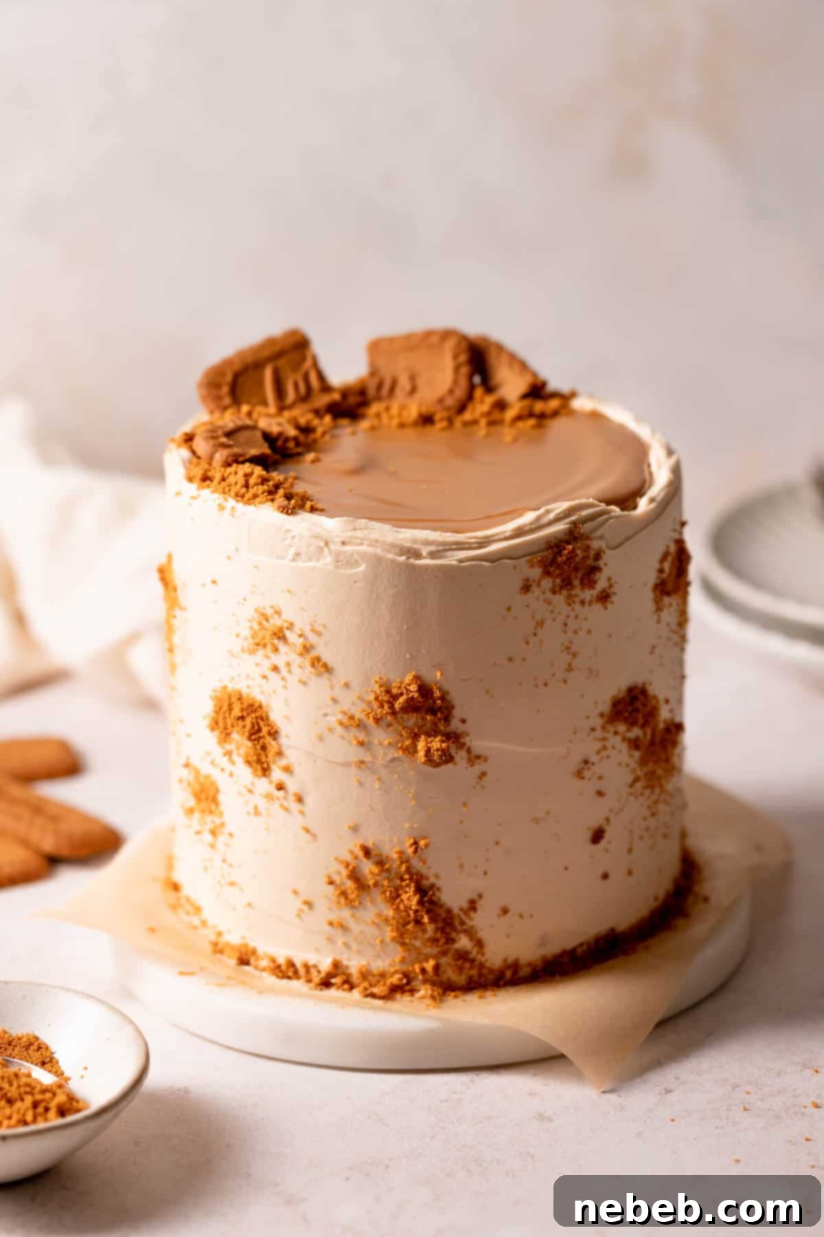 cookie butter cake with cookie butter and cookies on top.