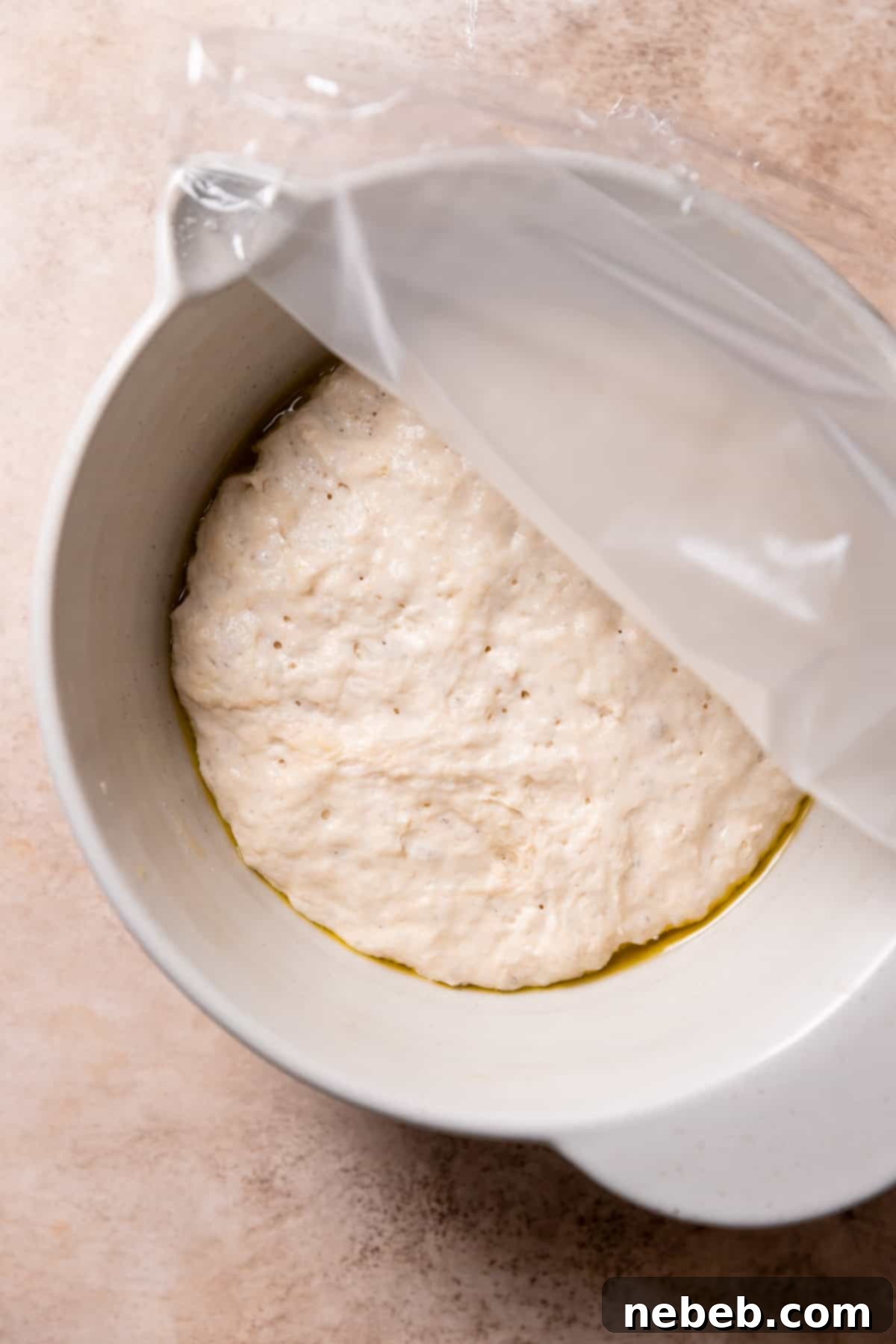 A mixing bowl with focaccia dough that has significantly risen and doubled in size after the first proofing.