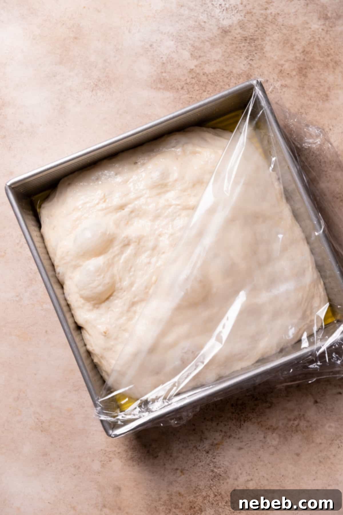 The focaccia dough, covered in bubbles, resting in a baking pan after its second rise, nearly filling the pan.