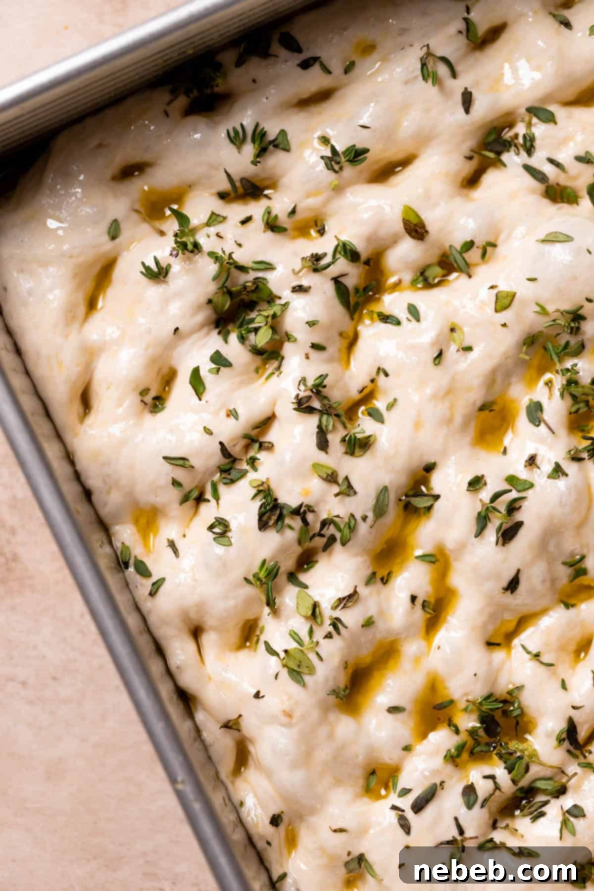 Focaccia dough in a pan, dimpled and drizzled with garlic oil, sprinkled with fresh thyme, ready for the oven.