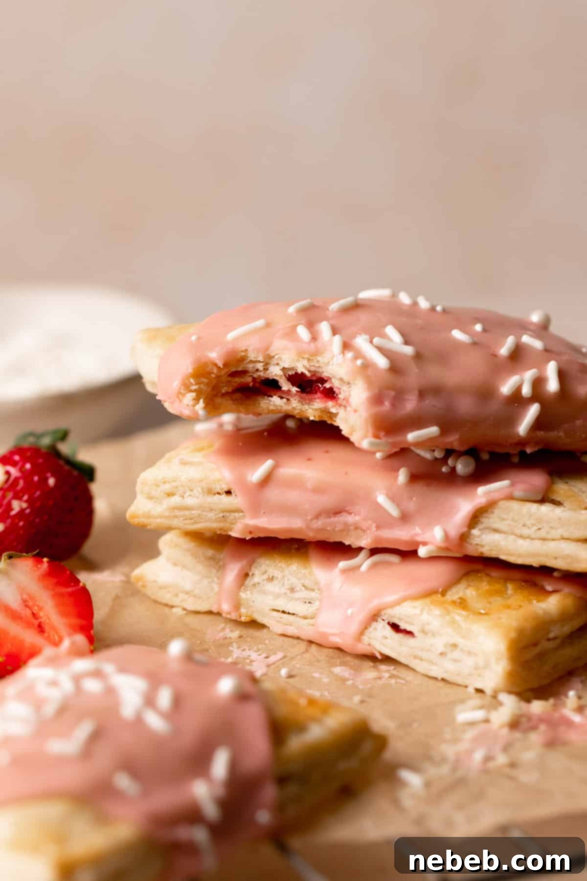 A stack of delicious homemade strawberry rhubarb pop tarts, with one showing a bite revealing the fruit filling.