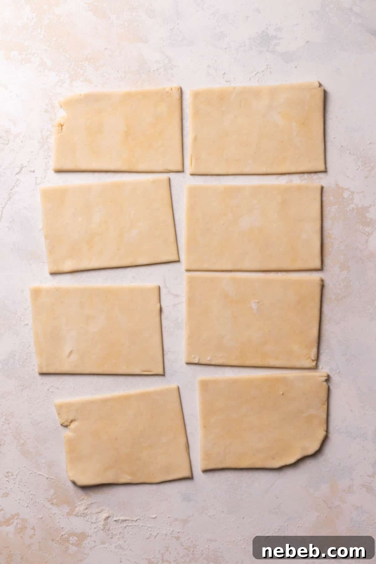 Uniform squares of pie dough laid out on a white surface, ready for filling.