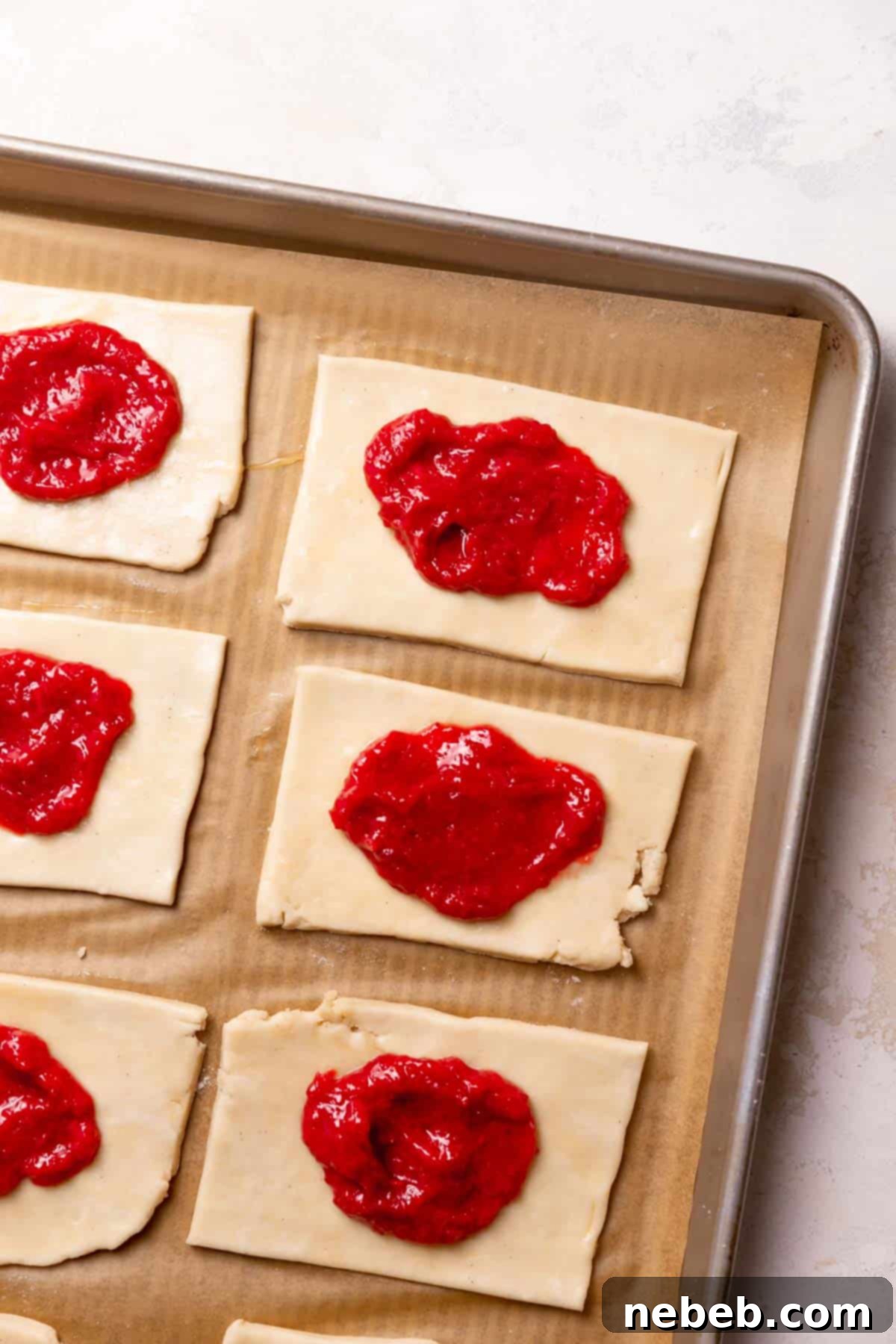 Squares of pie dough with strawberry rhubarb jam dolloped in the center, ready for the top crust.