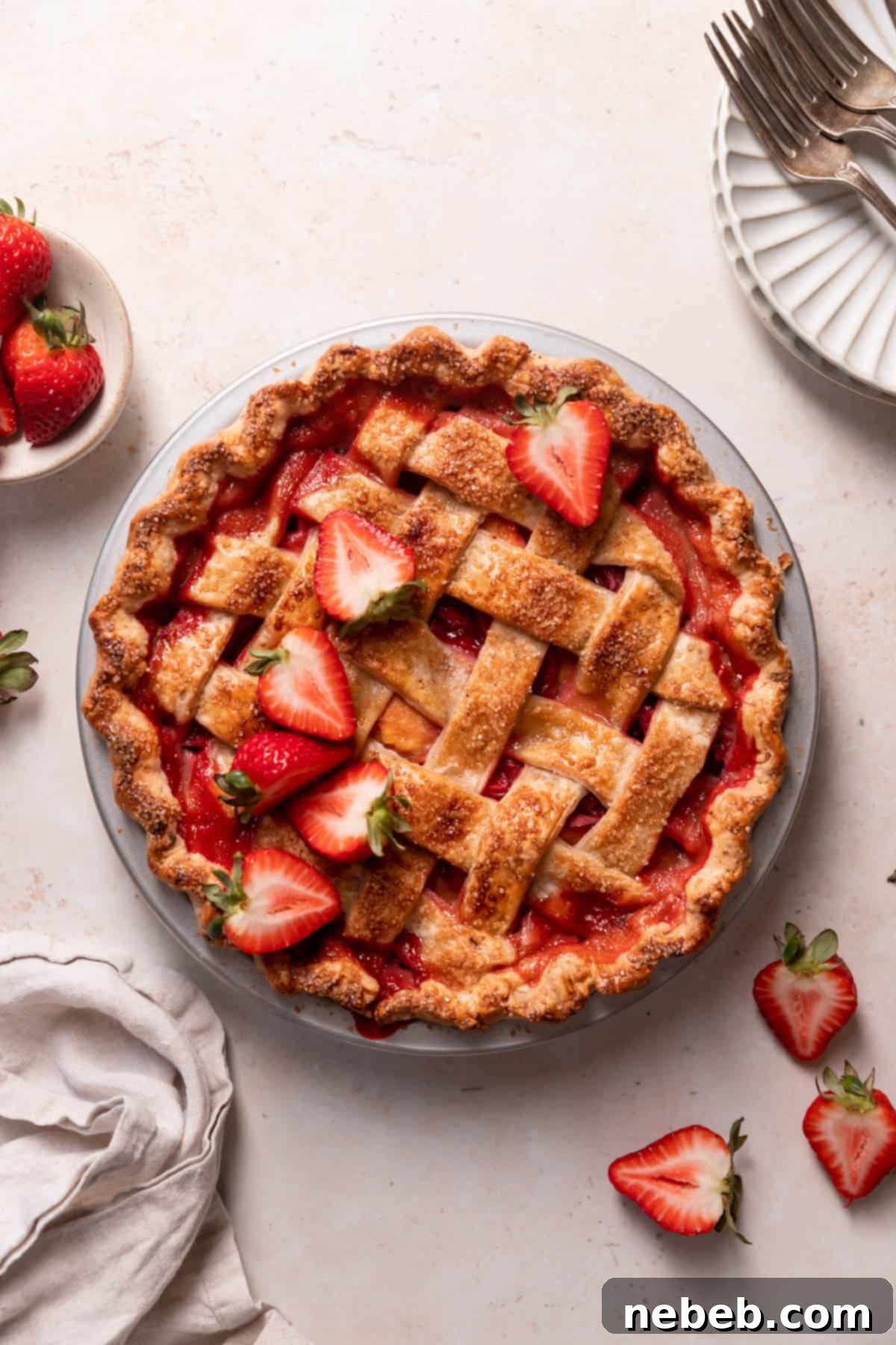 A beautifully baked strawberry peach pie in a pie pan, garnished with fresh berries on top, ready to be served.