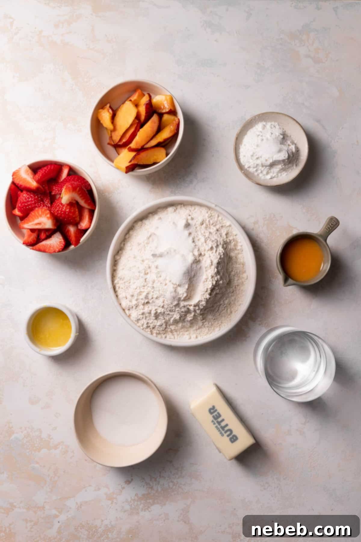 A collection of ingredients laid out in bowls, ready to be used for the strawberry peach pie recipe, showcasing fresh fruit and baking essentials.
