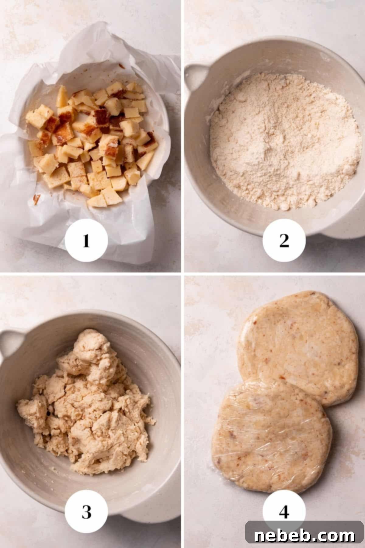 A three-panel collage demonstrating the steps for making brown butter pie dough: browning butter, mixing dry ingredients with butter, and incorporating water.