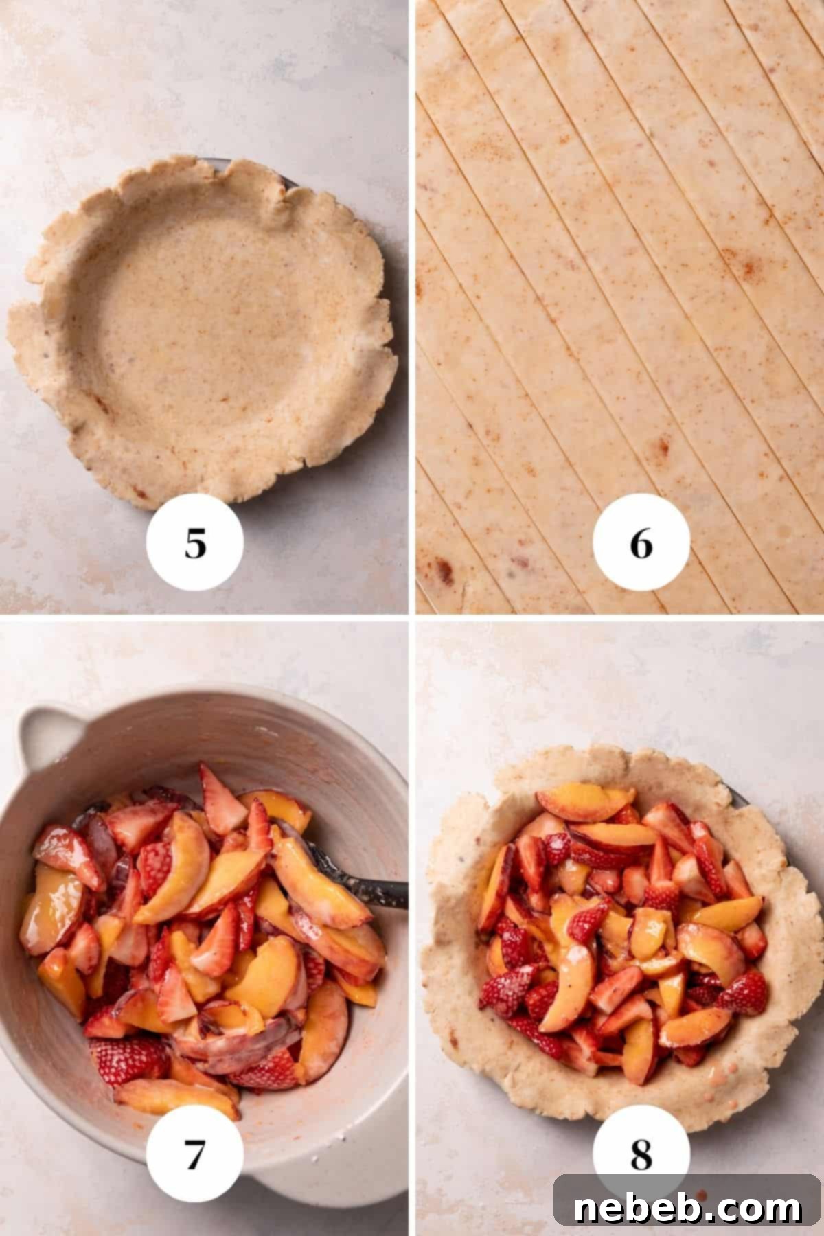 A two-panel collage showing the steps for filling a pie crust: first, the empty pie crust, and second, the fruit filling being poured into the crust.