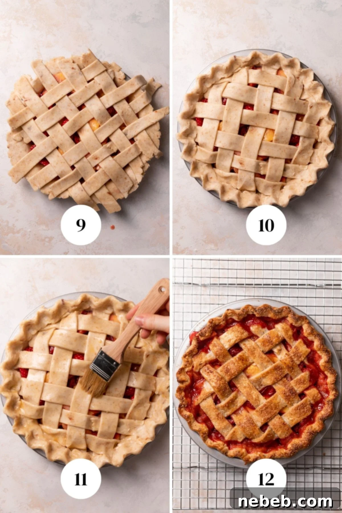 A three-panel collage illustrating the final steps of baking a pie: assembling the lattice, crimping the edges, and the finished baked pie cooling on a rack.