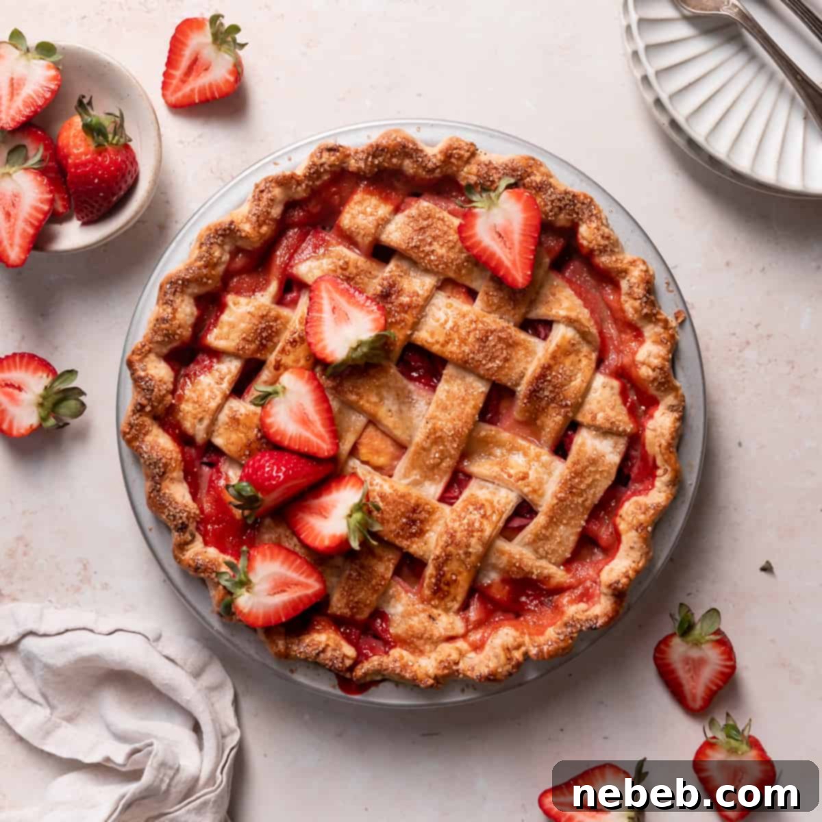 A beautifully baked strawberry peach pie in a pie plate with fresh berries for garnish, showcasing a golden brown butter crust and vibrant fruit filling.
