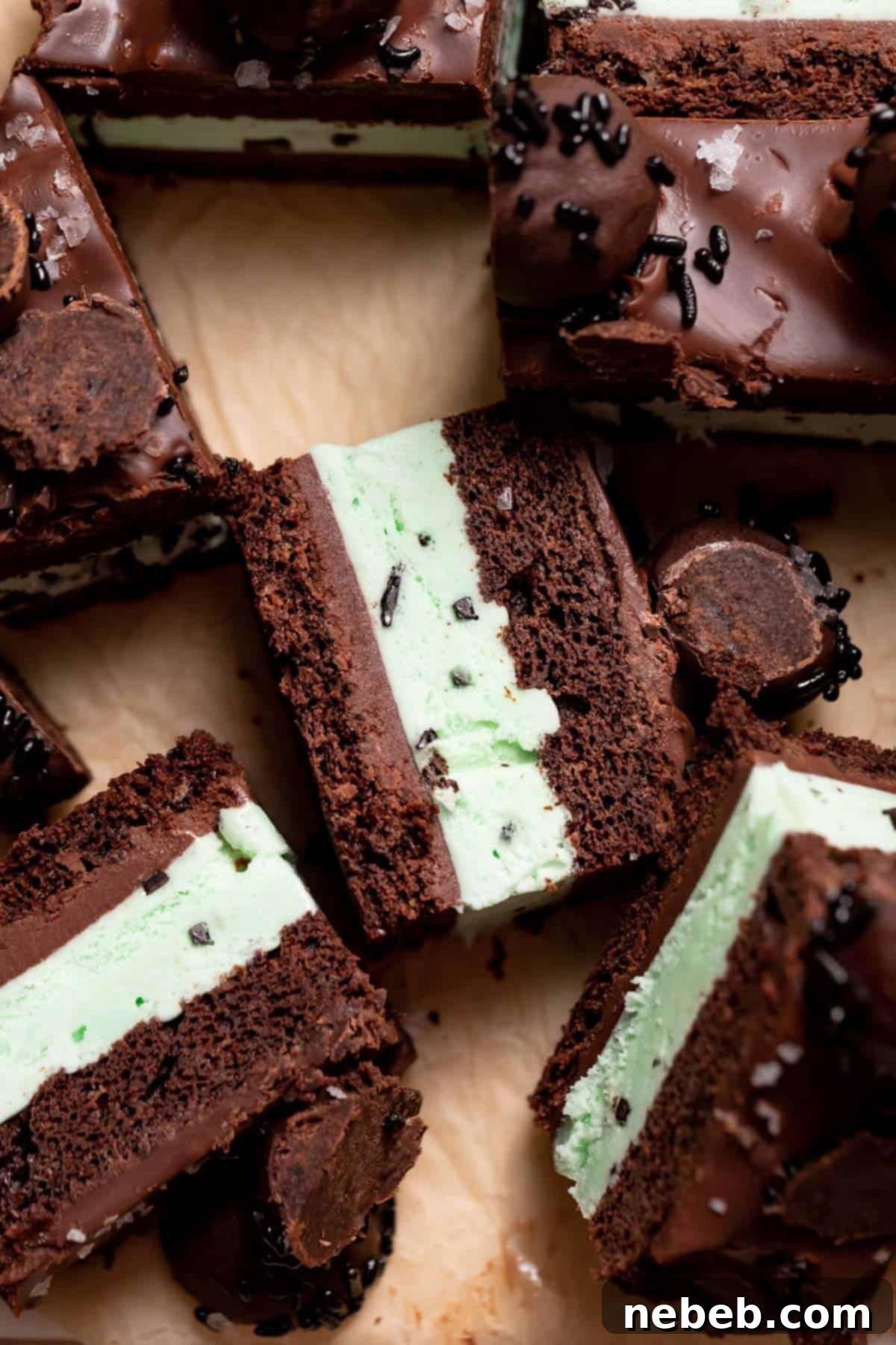 Beautifully sliced mint chocolate chip ice cream cake pieces arranged on brown parchment paper, showcasing the distinct layers of chocolate cake, mint ice cream, and ganache.