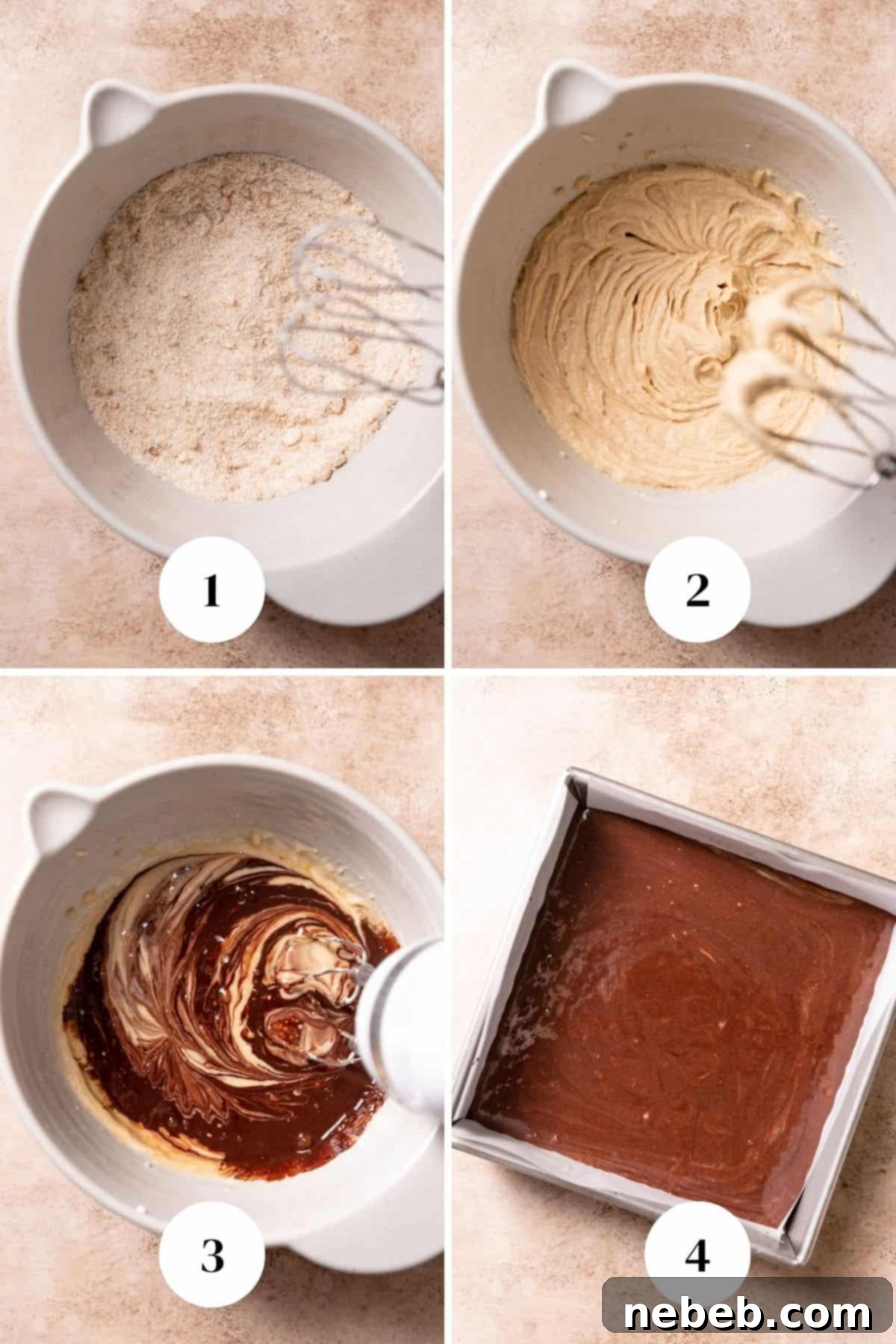 A collage showing the progression of mixing chocolate cake batter: dry ingredients with butter, adding sour cream, and finally adding wet ingredients and cocoa mixture.